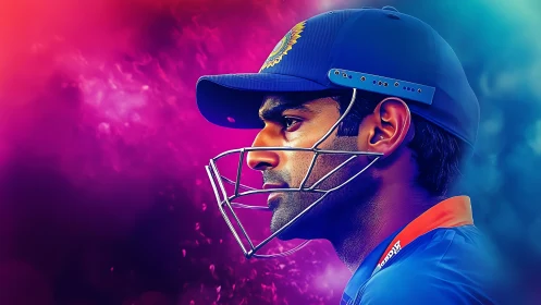 Cricketer wearing helmet faces right against vivid gradient