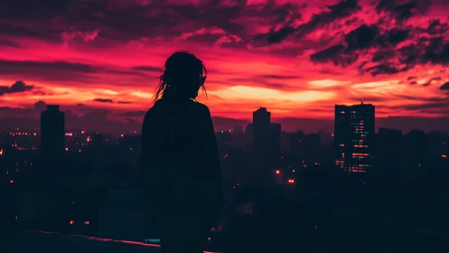 Silhouetted figure contemplates a neon crimson city sunset.