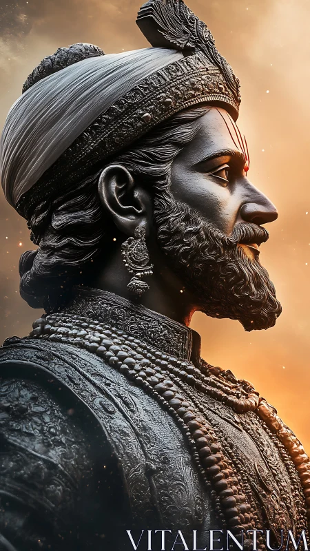 Regal warrior statue in ornate armor against glowing sky.