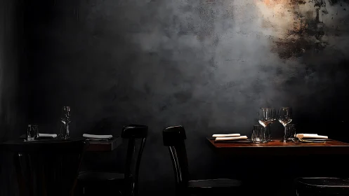 Dimly lit restaurant tables stand ready with glassware