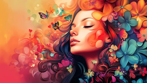 Dreaming muse adrift in a luminous whirlwind of blossoms.