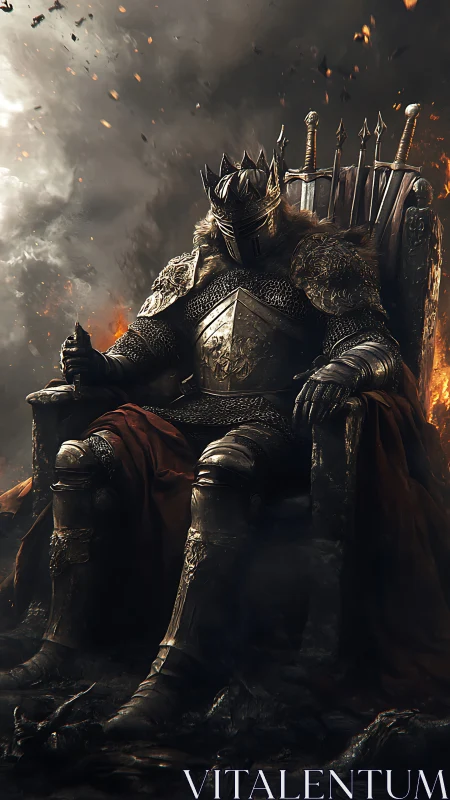 Dark throne guardian resting in embers and stormy twilight.