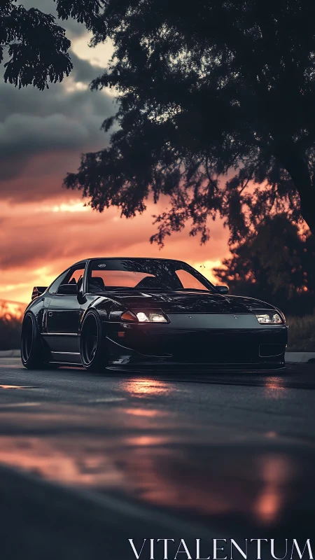 Midnight black sports car glowing under a dreamy sunset sky.