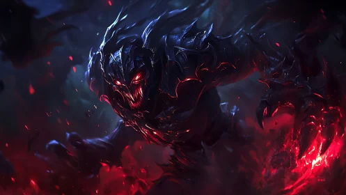 Demonic shadow beast surging from molten crimson void.