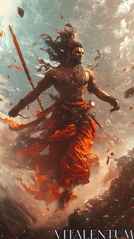 Mythic warrior ascends through turbulent sky with dynamic volumetric lighting