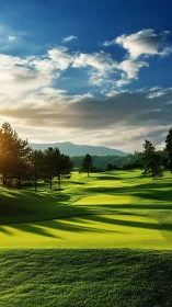 Sunlit golf fairway renders layered depth under dramatic sky