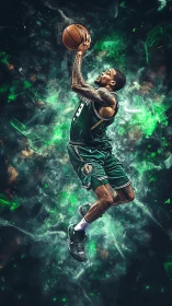 Dynamic basketball jump shot with neon green energy field.