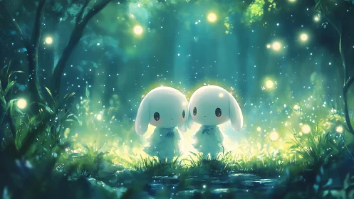 Bioluminescent forest framing twin chibi spirits in soft bokeh
