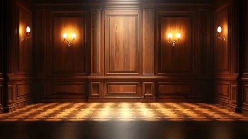 Elegant paneled wood hall glows under classic wall lights.