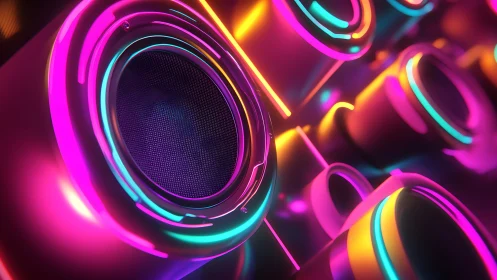 Neon ringed subwoofer array under vibrant magenta cyan glow