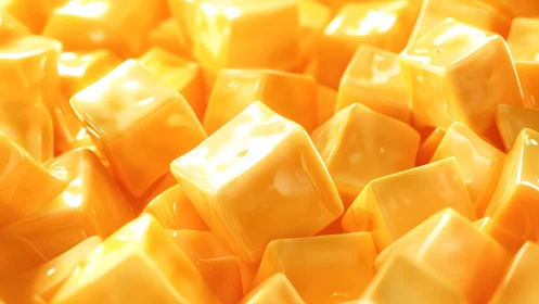 Molten-look cheese cubes in glossy macro 3D render.