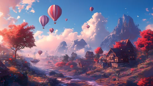 Fantasy valley village with hot air balloons at sunrise