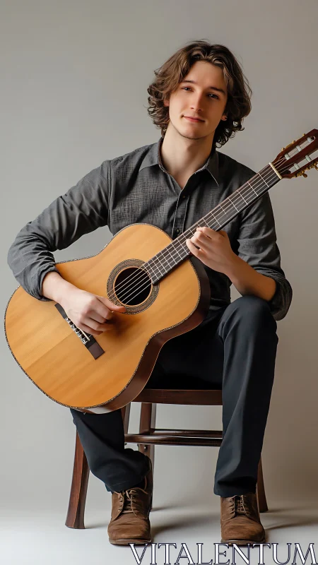 Young guitarist seated with classical acoustic guitar portrait.