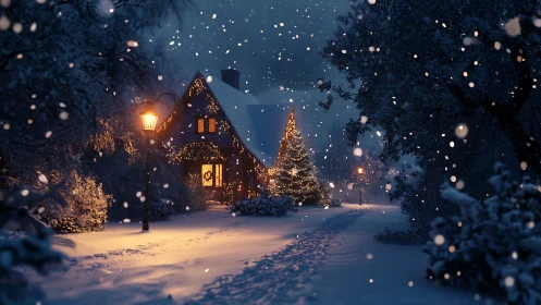 Snow covered cottage glows under warm Christmas lights