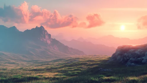 Pastel mountain valley under radiant digital sunrise glow.