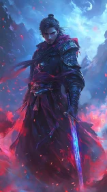 Stormlit warrior with glowing blade in swirling twilight.