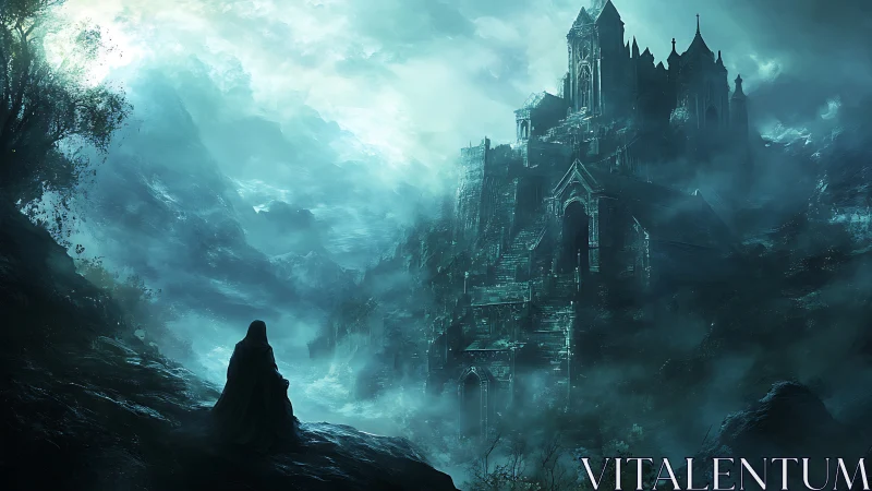 Cloaked wanderer before mist shrouded gothic mountain citadel.
