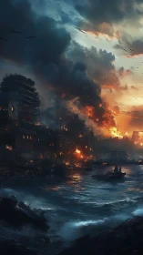 Fiery coastal city glows against a stormy twilight sky