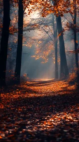 Autumn forest path with morning mist and golden foliage