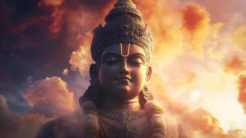 Sunlit deity statue resting calmly in glowing clouds.