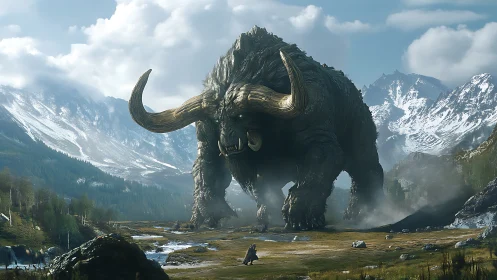 Colossal horned beast dominating misty alpine valley.