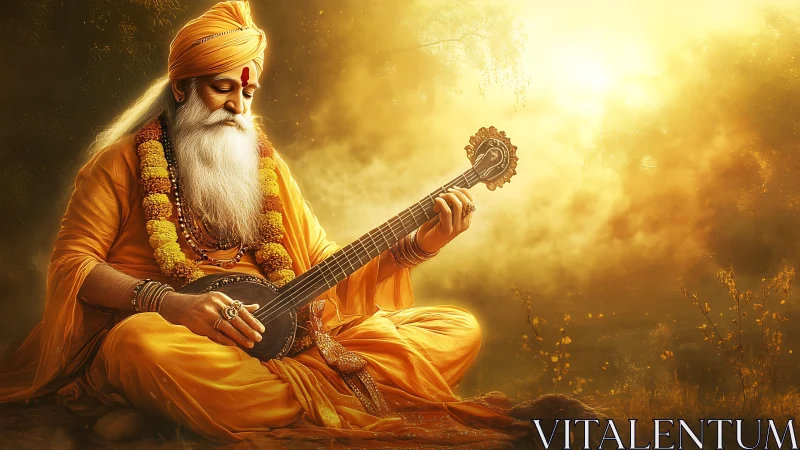 Elderly musician in saffron robes playing string instrument.