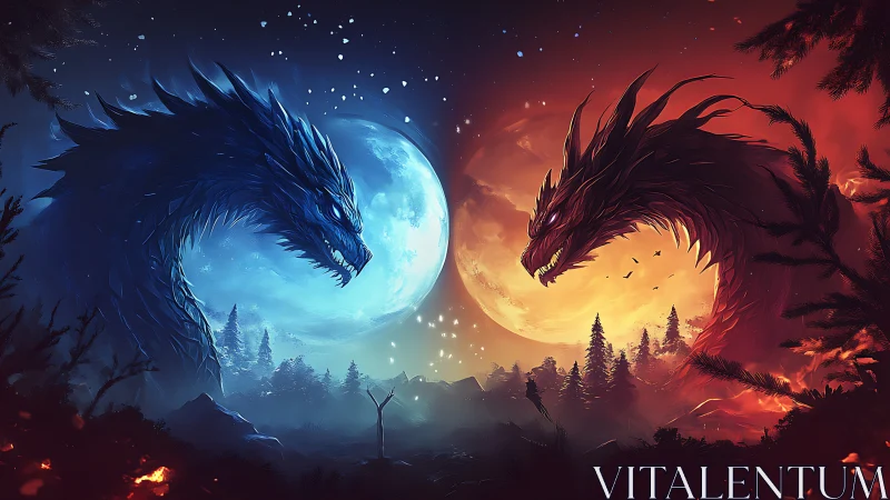 Twin elemental dragons confront under divided lunar sky