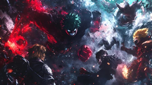 Explosive anime heroes clash amid cosmic energy storm.