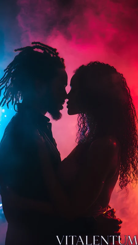 Silhouetted figures in neon-lit proximity with chromatic gradient overlay