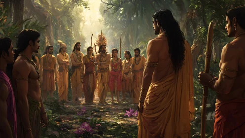 Forest gathering of robed figures in warm filtered light.