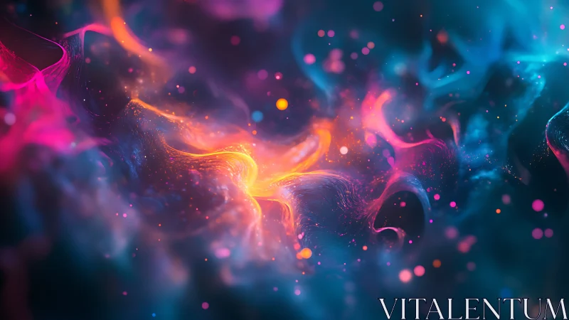 Stellar fireflows swirl through neon-tinted cosmic mist.