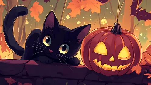 Black Cat and Jack-o'-Lantern in Autumn Leaves.