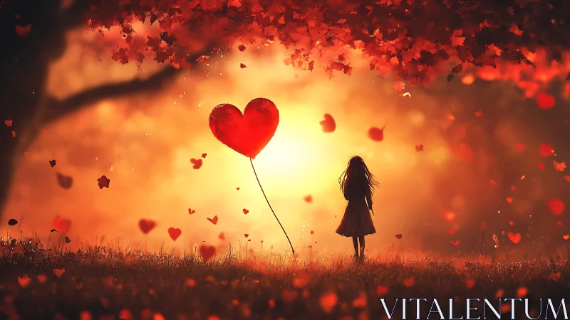 Girl Holding Heart Balloon in Golden Sunset Field