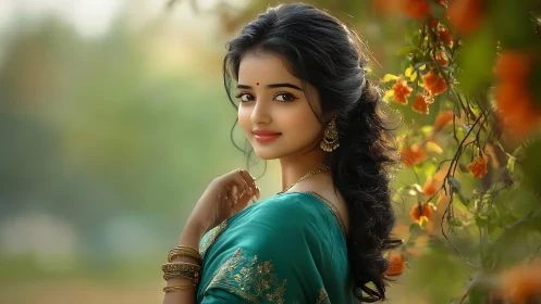 Portrait depicts woman in teal sari within floral outdoor setting