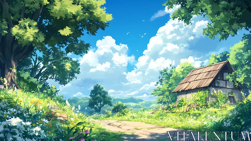 Sunlit country lane welcomes you toward a cozy hillside cottage