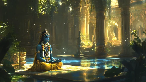 Divine blue yogi meditating by luminous temple pool.