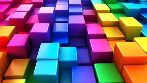 Chromatic cubes march upward in a glossy digital skyline