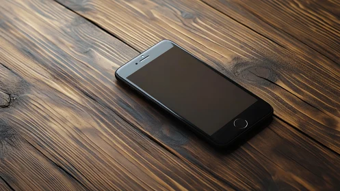 Modern smartphone rests on rich wooden surface