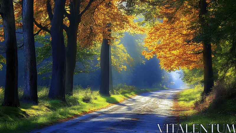 Sunlit Forest Corridor Where Autumn Gold Meets Verdant Pathways