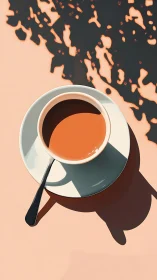 Coffee cup casts bold geometric shadow on salmon table.