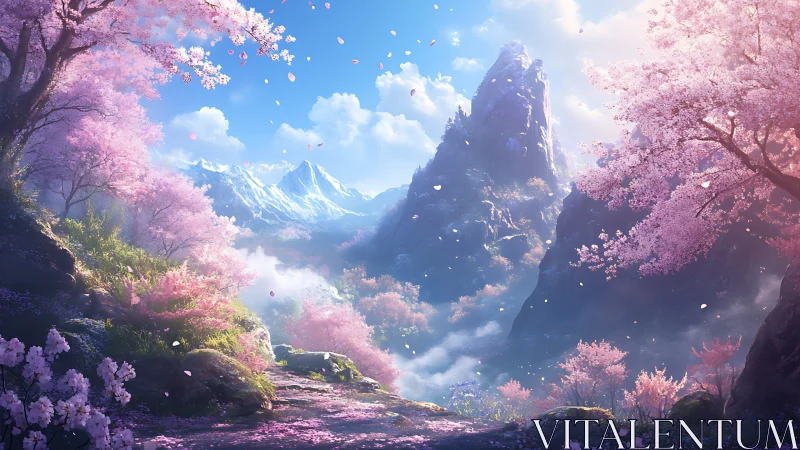 Cherry blossom highlands embrace crystalline mountain peaks.