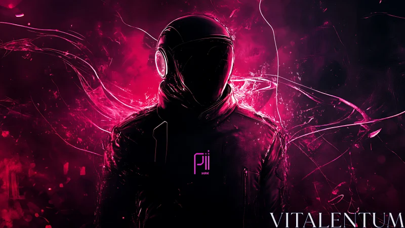 Neon cyber pilot stands in violet fractured light storm.