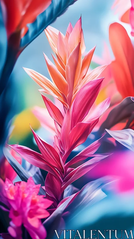 Tropical pink foliage plant in close-up vertical composition.