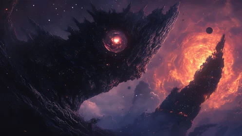 Cosmic leviathan looms over burning galactic vortex sky