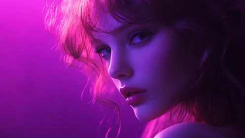 Neon-lit portrait captures ethereal pink and violet gaze.