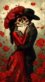 Skeleton Couple in Rose Garden: Romantic Gothic Digital Rendering