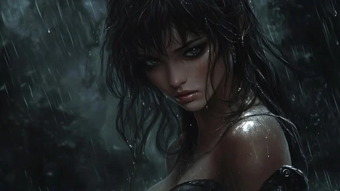 Wet-haired female figure in dark rainy forest setting.
