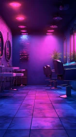 Neon-lit salon interior with glossy tiled floor glow.