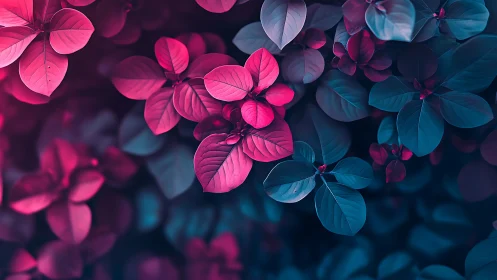Digital floral composition with neon-tinted leaves against dark background