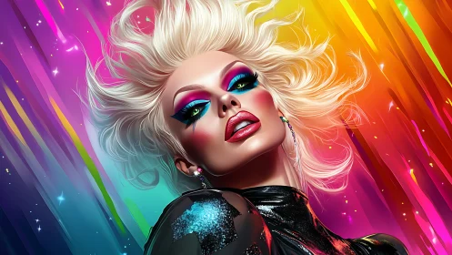Bold drag-inspired portrait against neon rainbow streaks.